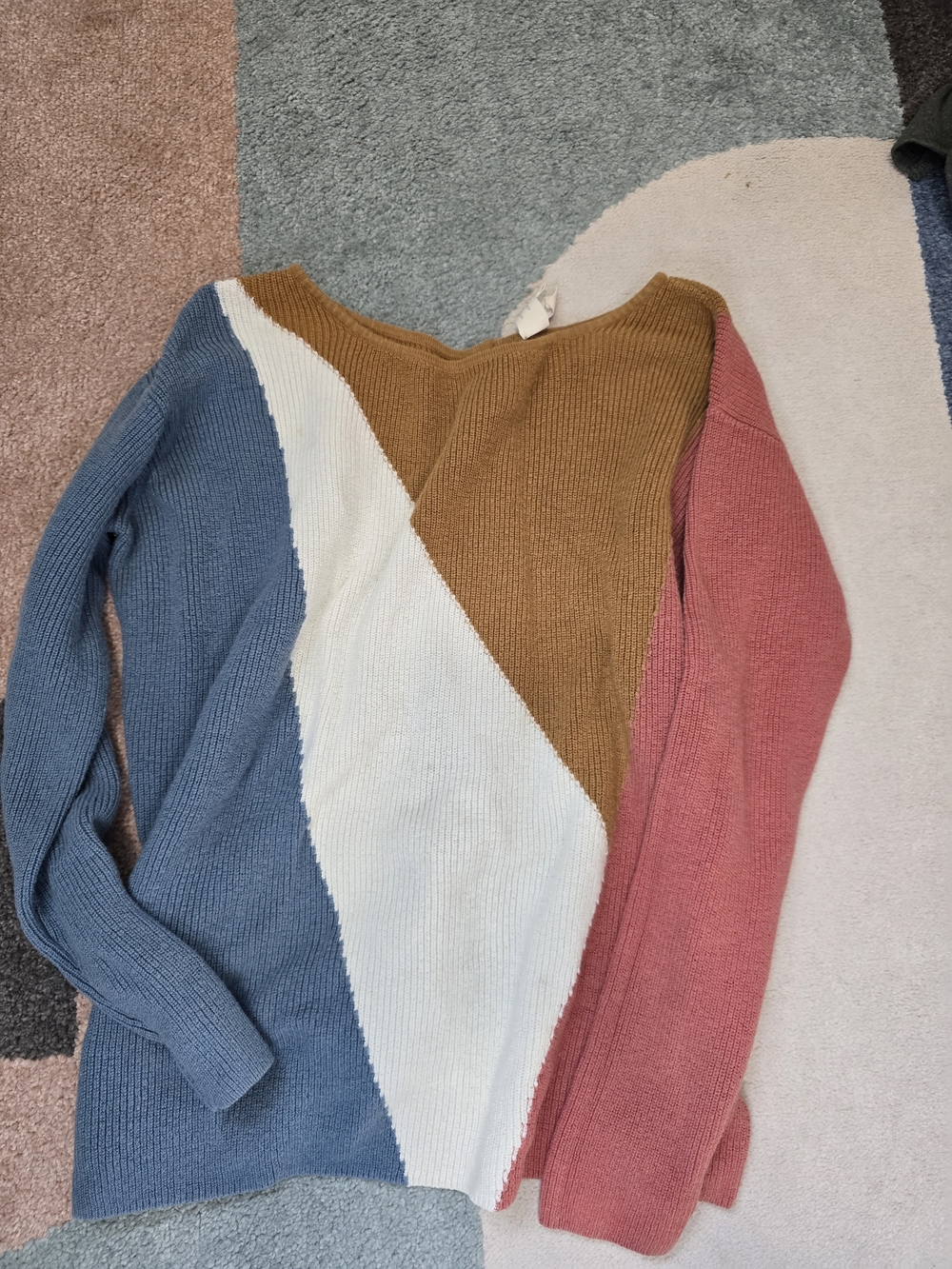 Sézane Colorblock Rib-Knit Sweater in Blue, Cream, Mustard & Pink
